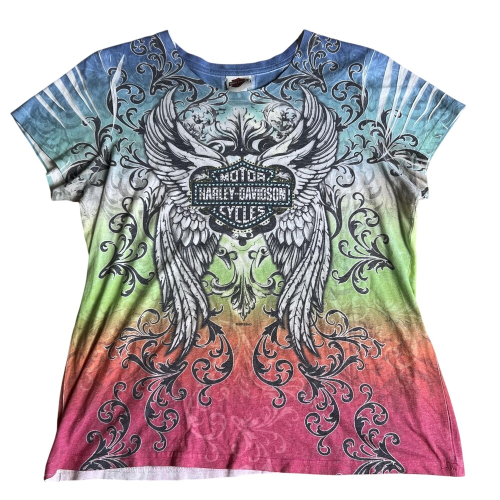 Harley-Davidson Shirt Womens M Multicolor Paisley Rhinestone Jersey Casual